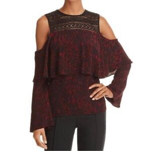 Yigal x AQUA red and black cold shoulder top with bell sleeves and black lace